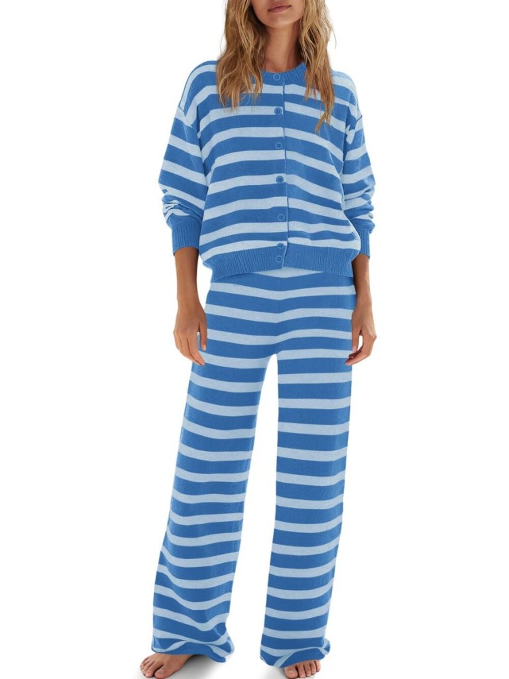 Womens Oversized Striped 2 Piece Sets Button Up Cardigan and Wide Leg Pants with